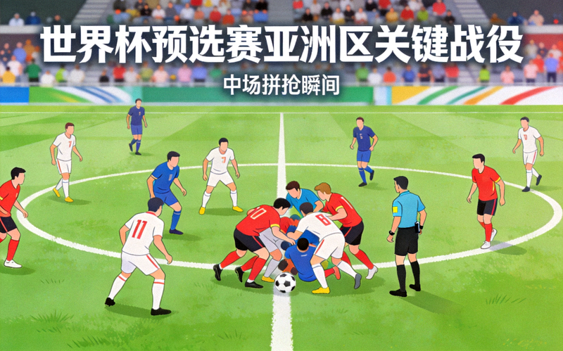 世界杯预选赛亚洲区关键战役示意图，两队球员在中场激烈拼抢
